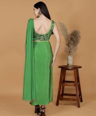 Leaf green crepe embroidered blouse with crepe drape skirt and georggette drape duppatta 4