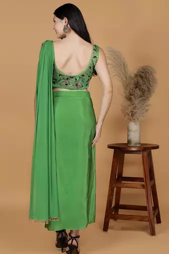 Leaf green crepe embroidered blouse with crepe drape skirt and georggette drape duppatta