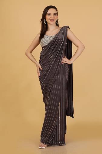 Dark grey crepe corset and saree with sequins cutdana and pearl embroidery