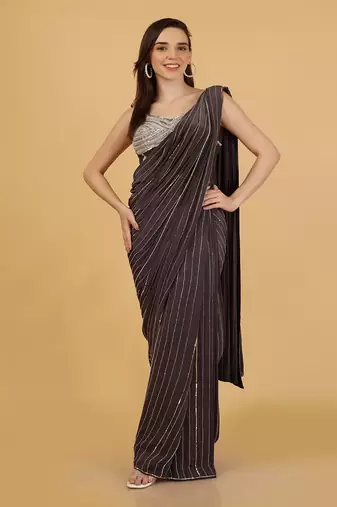 Dark grey crepe corset and saree with sequins cutdana and pearl embroidery