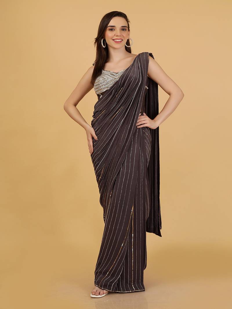 Dark grey crepe corset and saree with sequins cutdana and pearl embroidery