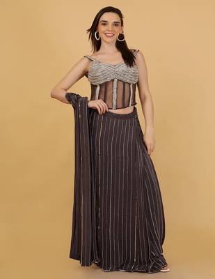 Dark grey crepe corset and saree with sequins cutdana and pearl embroidery 2