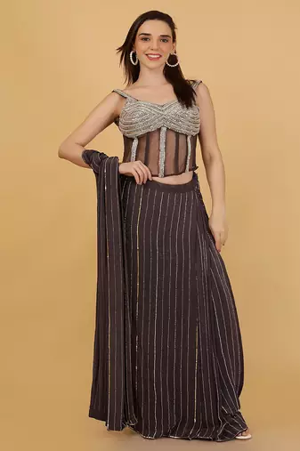 Dark grey crepe corset and saree with sequins cutdana and pearl embroidery