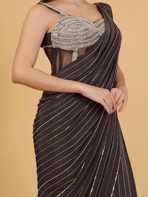 Dark grey crepe corset and saree with sequins cutdana and pearl embroidery 3