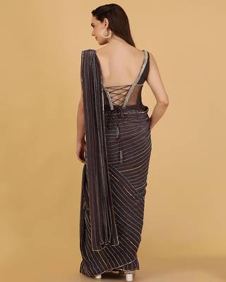 Dark grey crepe corset and saree with sequins cutdana and pearl embroidery 4