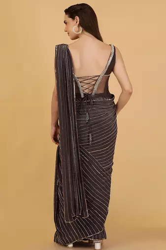 Dark grey crepe corset and saree with sequins cutdana and pearl embroidery