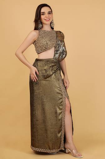 Multicolor crepe drape skirt blouse set with pearl sequin embroidery
