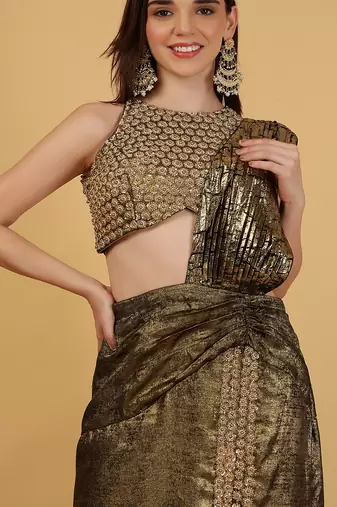 Multicolor crepe drape skirt blouse set with pearl sequin embroidery
