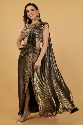Multicolor crepe drape skirt blouse set with pearl sequin embroidery