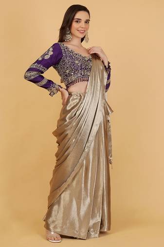 Gold and purple drape saree blouse set with dabka beads and cutdana embroidery