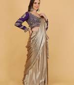 Gold and purple drape saree blouse set with dabka beads and cutdana embroidery