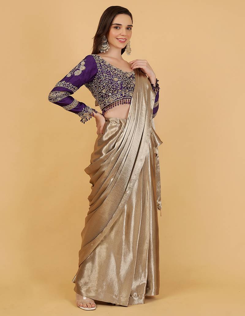 Gold and purple drape saree blouse set with dabka beads and cutdana embroidery