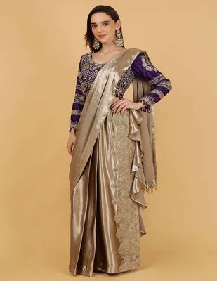 Gold and purple drape saree blouse set with dabka beads and cutdana embroidery 2