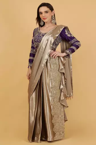 Gold and purple drape saree blouse set with dabka beads and cutdana embroidery