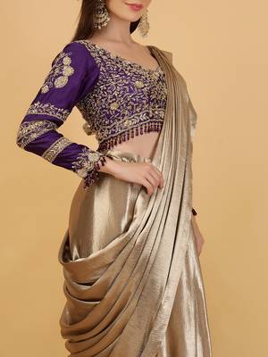Gold and purple drape saree blouse set with dabka beads and cutdana embroidery 3