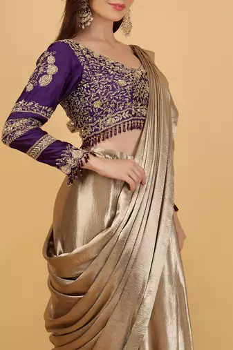 Gold and purple drape saree blouse set with dabka beads and cutdana embroidery