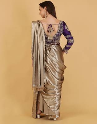 Gold and purple drape saree blouse set with dabka beads and cutdana embroidery 4