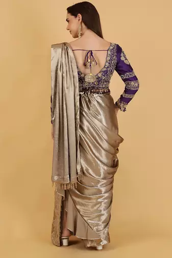 Gold and purple drape saree blouse set with dabka beads and cutdana embroidery