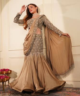 Mouse colour satin organza drape saree set with cutdana sequin and bead work 1