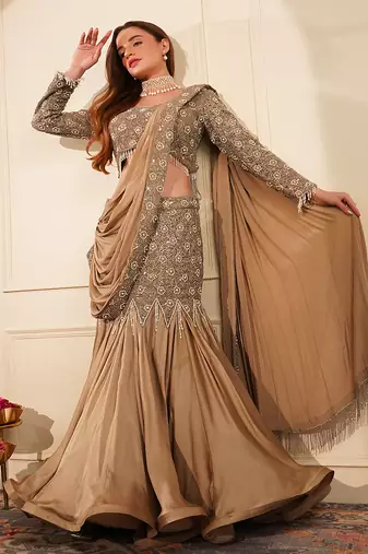 Mouse colour satin organza drape saree set with cutdana sequin and bead work