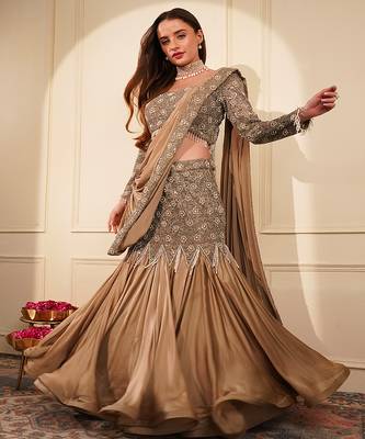 Mouse colour satin organza drape saree set with cutdana sequin and bead work 2
