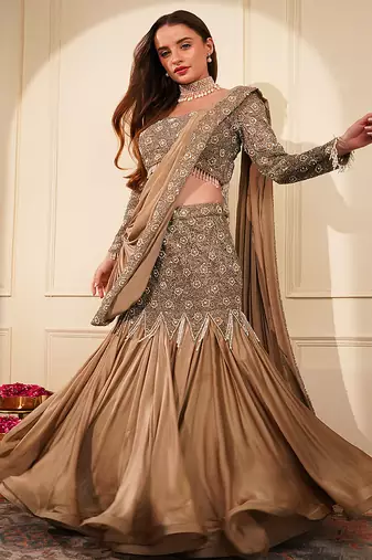 Mouse colour satin organza drape saree set with cutdana sequin and bead work