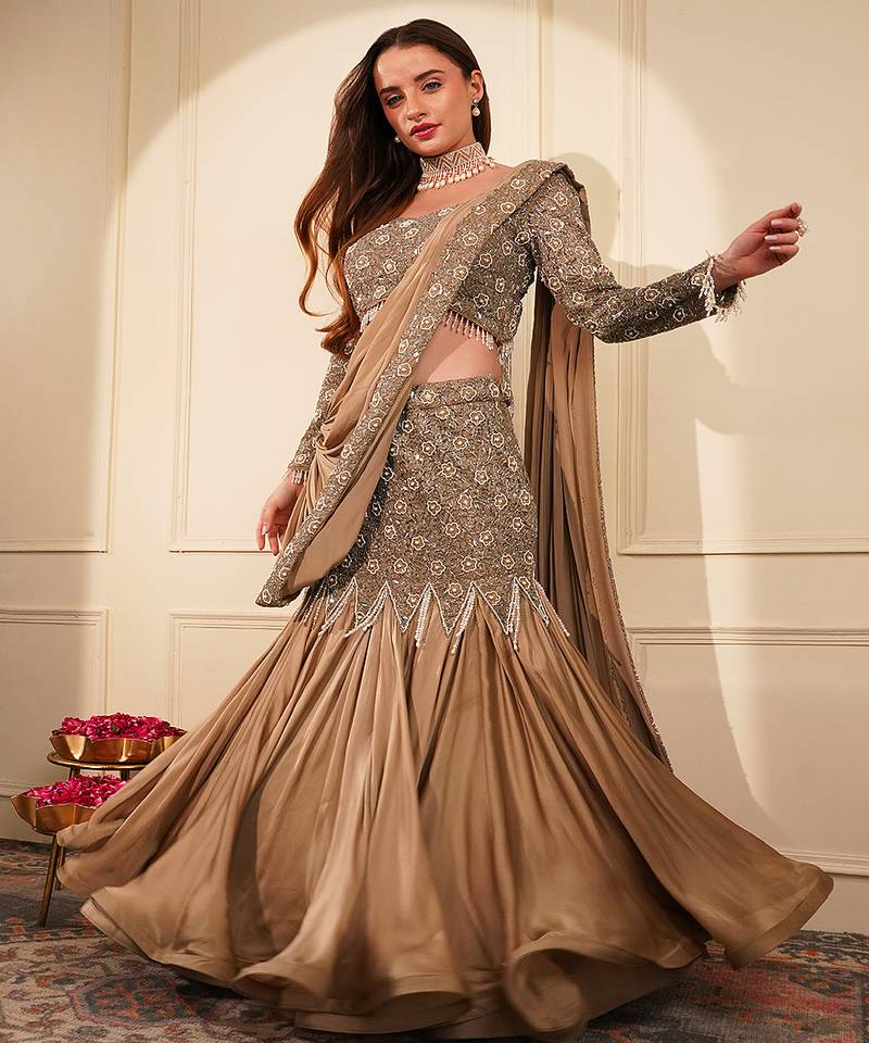 Mouse colour satin organza drape saree set with cutdana sequin and bead work