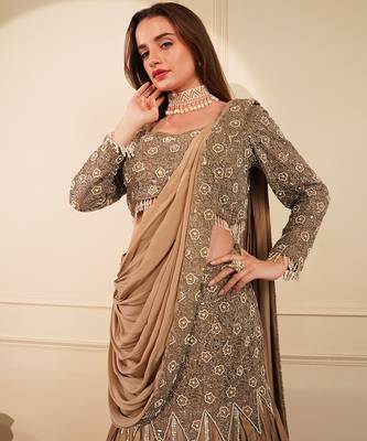 Mouse colour satin organza drape saree set with cutdana sequin and bead work 3