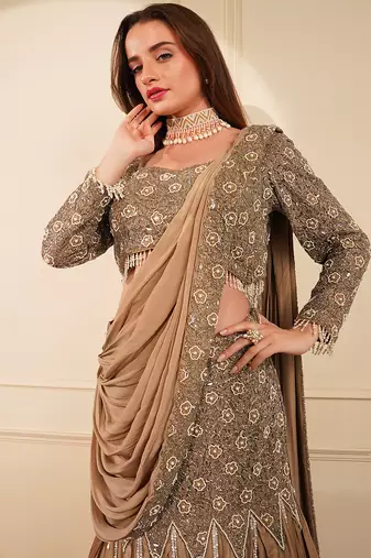 Mouse colour satin organza drape saree set with cutdana sequin and bead work