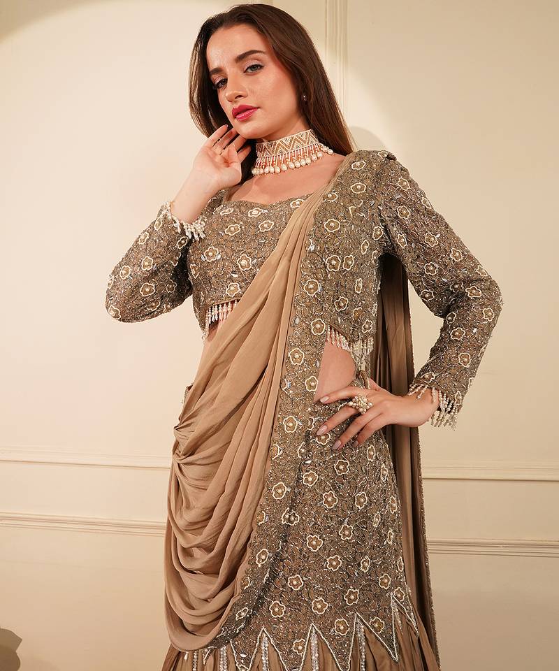 Mouse colour satin organza drape saree set with cutdana sequin and bead work