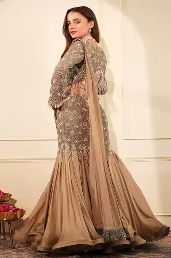 Mouse colour satin organza drape saree set with cutdana sequin and bead work