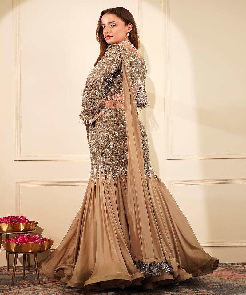 Mouse colour satin organza drape saree set with cutdana sequin and bead work