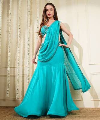 Teal  green organza drape skirt set with hand work blouse and dupatta 1
