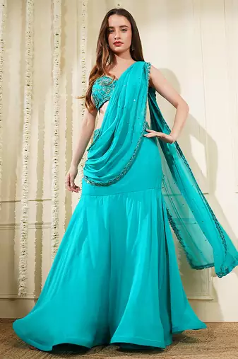 Teal  green organza drape skirt set with hand work blouse and dupatta