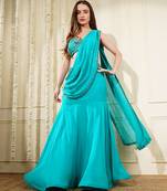 Teal  green organza drape skirt set with hand work blouse and dupatta