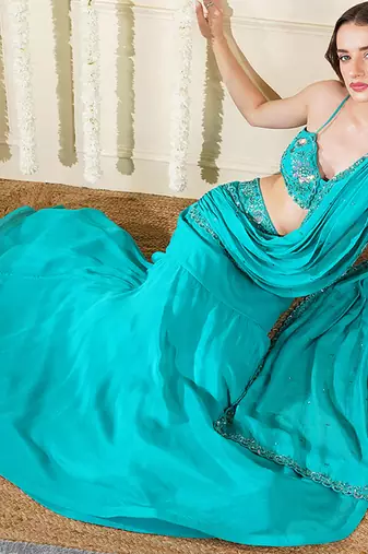 Teal  green organza drape skirt set with hand work blouse and dupatta