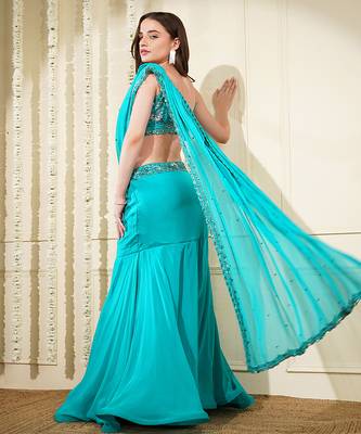 Teal  green organza drape skirt set with hand work blouse and dupatta 3