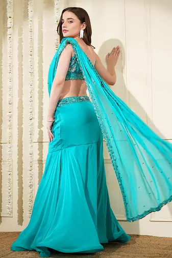 Teal  green organza drape skirt set with hand work blouse and dupatta