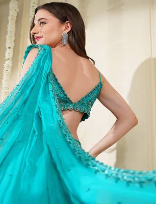 Teal  green organza drape skirt set with hand work blouse and dupatta 4