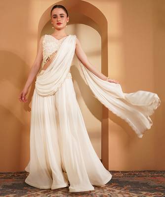Ivory crepe pearlwork  sharara set 1