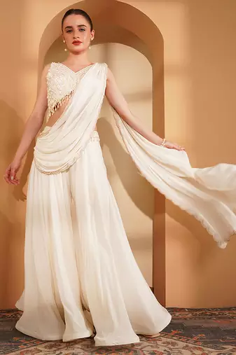 Ivory crepe pearlwork  sharara set