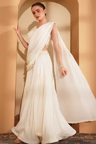 Ivory crepe pearlwork  sharara set