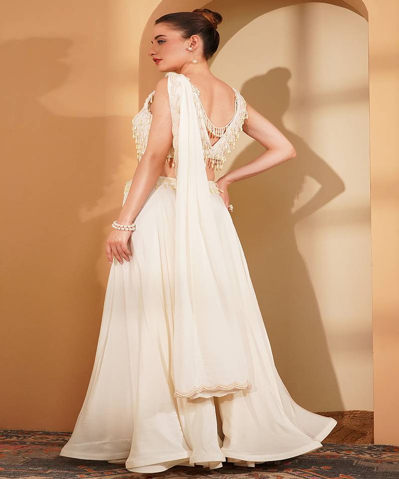 Ivory crepe pearlwork  sharara set