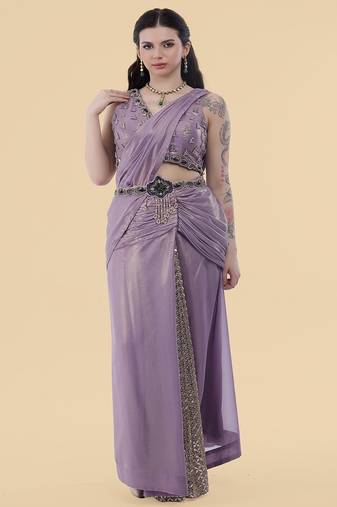 Mauve shimmer georgette draped saree with crystal embroidery