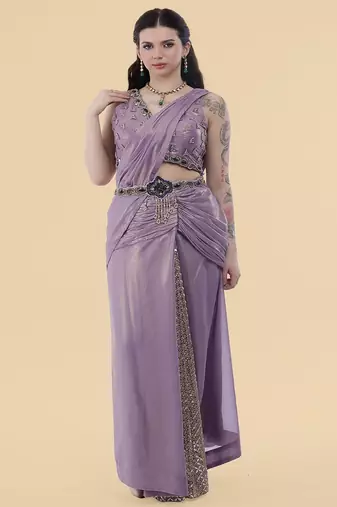 Mauve shimmer georgette draped saree with crystal embroidery