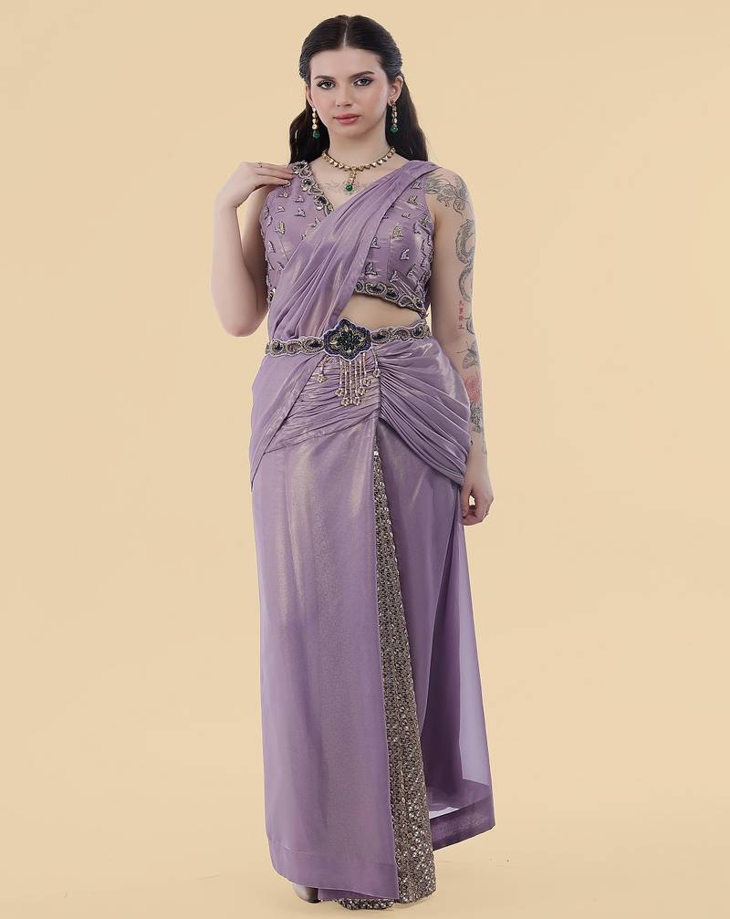 Mauve shimmer georgette draped saree with crystal embroidery