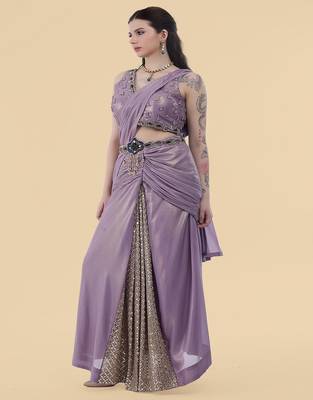 Mauve shimmer georgette draped saree with crystal embroidery 2