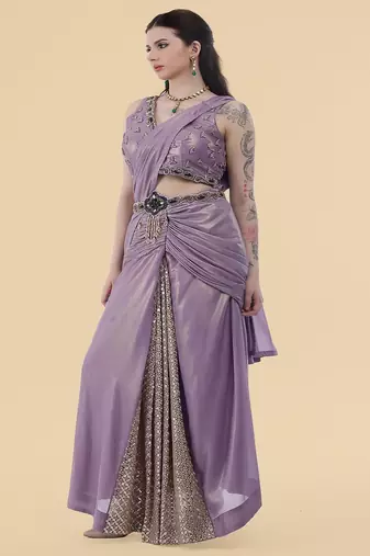 Mauve shimmer georgette draped saree with crystal embroidery