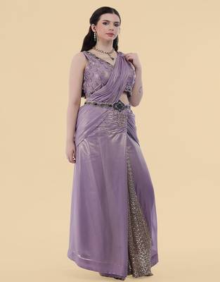 Mauve shimmer georgette draped saree with crystal embroidery 3