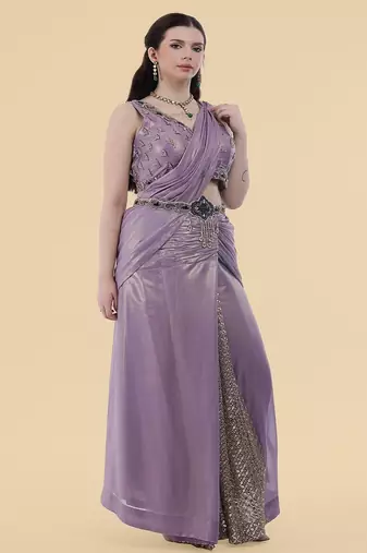Mauve shimmer georgette draped saree with crystal embroidery